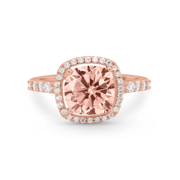 Halo Art Deco Wedding Ring Rose Tone, Simulated Morganite CZ 925 Sterling Silver